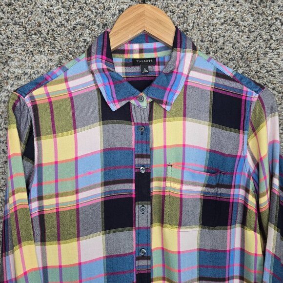 Talbots Top Womens Small Blue Pink Plaid Button Up Rayon Casual Ladies - Picture 4 of 7